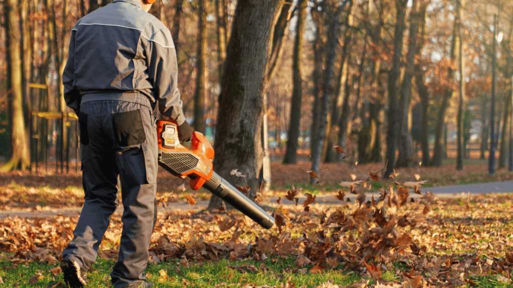 A team member blowing leaves and removing them from a client's yard.