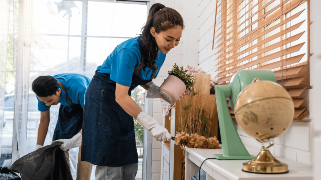 A team of professional cleaners cleaning and dusting a room.